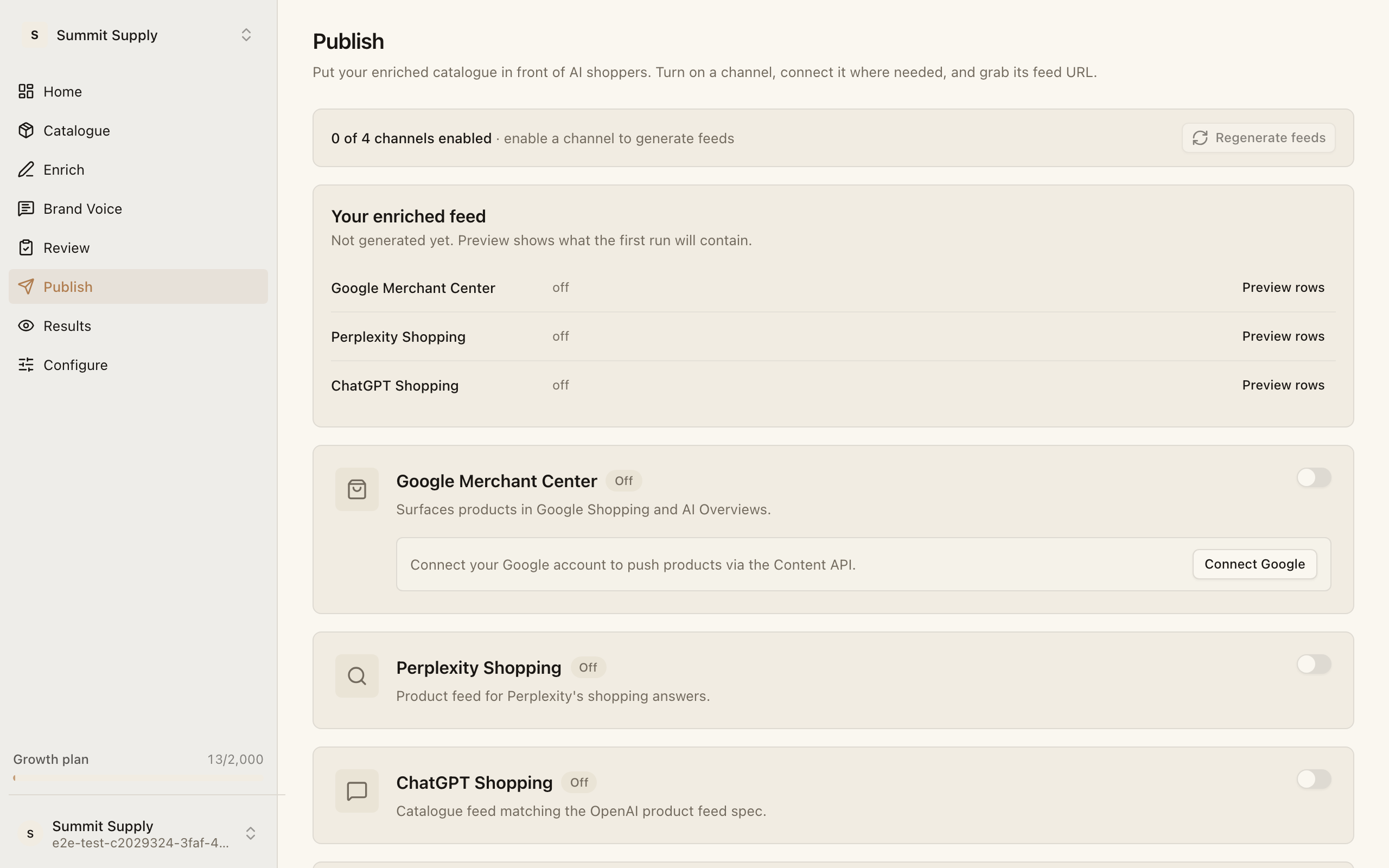 Sighted publish page: channels, feed status and the enriched feed